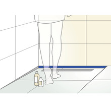 Illustration eines Badezimmers mit Duschrinne und Körperpflegeprodukten