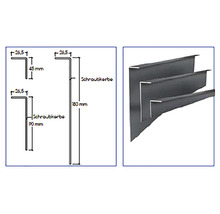 Technische Zeichnung und Produktabbildung von Dachrinnenwinkeln mit Schraubkerbe