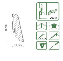 Darstellung einer Sockelleiste mit den Maßen 58 mm Höhe und 19 mm Breite, inklusive Montagehinweisen.