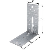 Winkelverbinder aus Metall mit Bohrungen und den Maßen a, b und c.