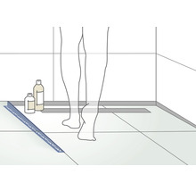 Illustration einer Dusche mit Duschrinne, Fliesen und Duschgel