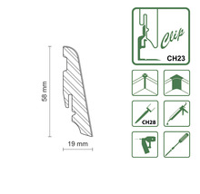 Technische Zeichnung einer Sockelleiste mit den Maßen 58 mm Höhe und 19 mm Tiefe sowie Symbole zur Montage.