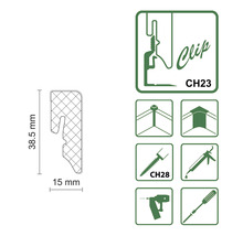Darstellung der Abmessungen und Montagesymbole des Produkts CH23 Clip.