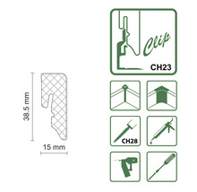 Darstellung des Clipsystems CH23 mit Montagehinweisen und Maßangaben.