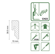 Darstellung Clip CH23 mit Maßangaben und Anwendungsbeispielen