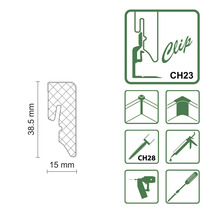 Darstellung eines Clips mit den Maßen 38,5 mm x 15 mm sowie Verarbeitungshinweisen.