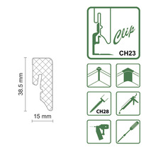Produktinformationen zu einer 38,5 mm x 15 mm Clipbefestigung mit Montageanleitung.