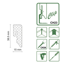 Clip CH23 mit den Maßen 38,5 mm x 15 mm und Informationen zur Montage