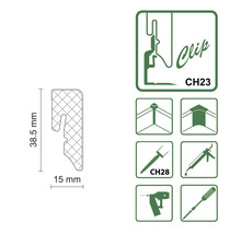 Illustration eines Befestigungsclips mit den Maßen 38,5 mm x 15 mm und zugehörigen Symbolen zur Montage
