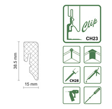 Technische Zeichnung eines Clips mit Maßangaben und Montagesymbolen