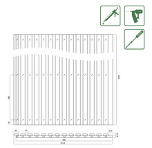 Technische Zeichnung eines Sichtschutzzauns mit Maßangaben und Werkzeugsymbolen
