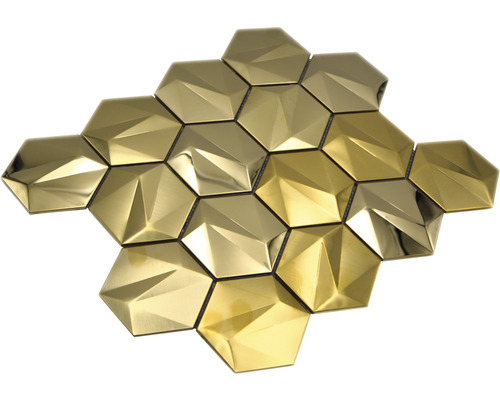 Metallmosaik HXM 30GO Hexagon 3D Stahl Gold glänzend 25,7x29,7cm