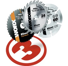 Worx Logo mit drei verschiedenen Sägeblättern für Holz, dünne Bleche und Fliesen, Durchmesser 85 mm