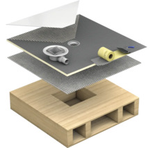 Schichtaufbau einer Dusche mit Dichtmanschette, Dichtband, Dichtmasse und Ablaufgarnitur auf einem Holzbalken