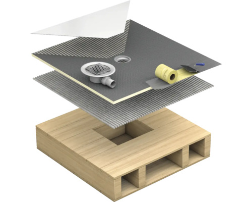 Explosionszeichnung eines Duschbodens mit Duschablauf, Dichtband und Holzunterkonstruktion