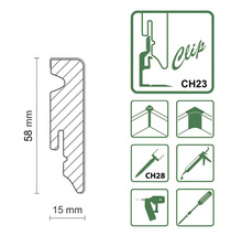 Technische Zeichnung eines Profils mit den Maßen 58 mm Höhe und 15 mm Breite sowie Montagesymbole
