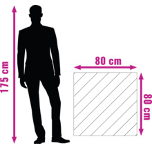 Produktgrößendarstellung mit einer Person von 175 cm Größe und einem Quadrat von 80 cm Seitenlänge.