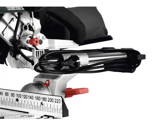 Detailansicht einer Kapp- und Gehrungssäge mit Messeinheit und Kabelführung