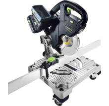 Festool Kapp-Zugsäge mit Akku auf einem Arbeitstisch mit Rollen
