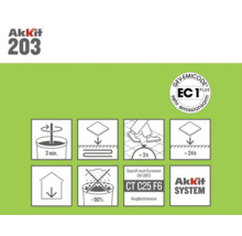 Akkit 203 Produktinformationen mit Verarbeitungshinweisen und Gütesiegeln