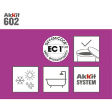 Akkit 602 Produktinformationen mit GEV Emicode EC 1 Plus Siegel für sehr emissionsarme Produkte, Verarbeitungshinweisen und Akkit System Logo