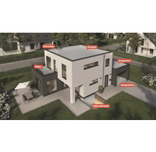 Ansicht eines zweistöckigen Hauses mit Flachdach, Balkon und Garage