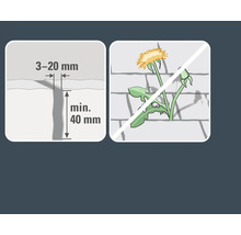Darstellung der Fugenbreite 3 bis 20 Millimeter, Fugentiefe mindestens 40 Millimeter und ein durchgestrichenes Symbol für unerwünschtes Pflanzenwachstum