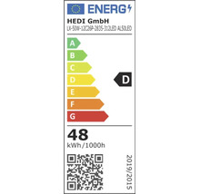 EU-Energielabel HEDI GmbH, Modell LX-50W-12C26P-2835-312LED AL50LED, Energieeffizienzklasse D, 48 kWh pro 1000 Stunden.