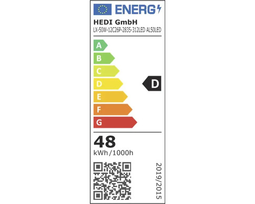 EU-Energielabel HEDI GmbH, Modell LX-50W-12C26P-2835-312LED AL50LED, Energieeffizienzklasse D, 48 kWh pro 1000 Stunden.