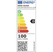 EU-Energielabel für HEDI GmbH, Modell SLED-100W-576LED-2835 3V-V1.1 AL100, Energieeffizienzklasse D, 100 Kilowattstunden pro 1000 Stunden.
