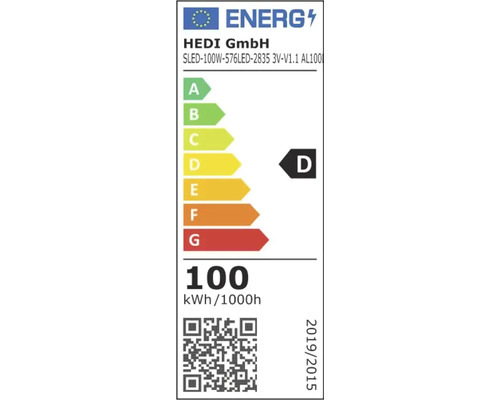 EU-Energielabel für HEDI GmbH, Modell SLED-100W-576LED-2835 3V-V1.1 AL100, Energieeffizienzklasse D, 100 Kilowattstunden pro 1000 Stunden.