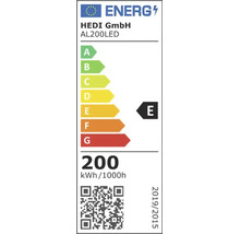 EU-Energielabel für HEDI GmbH AL200LED, Energieeffizienzklasse E, Energieverbrauch 200 Kilowattstunden pro 1000 Stunden.