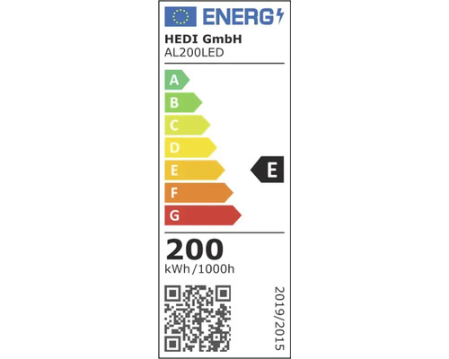 EU-Energielabel für HEDI GmbH AL200LED, Energieeffizienzklasse E, Energieverbrauch 200 Kilowattstunden pro 1000 Stunden.