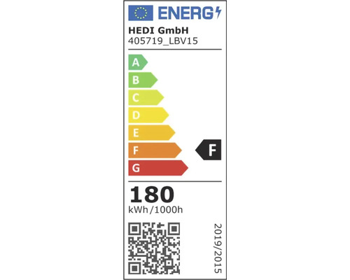 Energielabel von HEDI GmbH, Modell 405719_LBV15, Energieeffizienzklasse F, Verbrauch 180 Kilowattstunden pro 1000 Stunden.