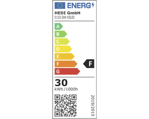 EU Energielabel für HEDI GmbH S1103-30W H30LED, Energieeffizienzklasse F, Energieverbrauch 30 Kilowattstunden pro 1000 Stunden.