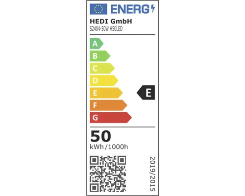 Energieeffizienzlabel der Klasse E für HEDI S2404-50W H50LED mit einem Energieverbrauch von 50 Kilowattstunden pro 1000 Stunden.