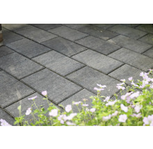 Verlegte Pflastersteine im Außenbereich mit Blumenbeet