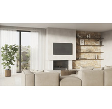 Wohnzimmer mit Couch, Fernseher und Kamin