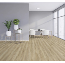 Heller Raum mit Holzboden, Esstisch und Zimmerpflanzen