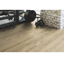 Fitnessraum mit Laminatboden, Gewichten und Hanteln.