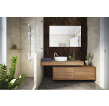 Badezimmer mit Dusche, Waschtisch, Spiegel und Holzverkleidung