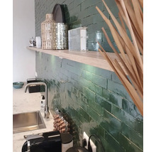 Küchenszene mit Waschbecken, Armatur, Regalen und Wandfliesen