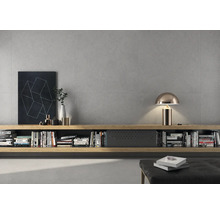 Helles Wohnzimmer mit grauer Fliesenwand, Bücherregal und dekorativen Elementen