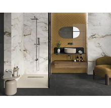 Badezimmer mit Dusche, Waschbecken und Fliesen in Marmoroptik