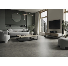 Wohnzimmer mit Sofa, Sessel, Couchtisch, Fernseher und Steinfliesen