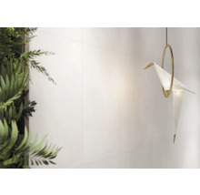 Wandgestaltung mit Pflanzen und einer Kranich-Leuchte