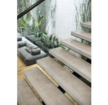 Innenaufnahme eines modernen Treppenhauses mit Steintreppe und Wohnbereich