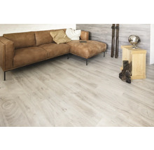 Wohnzimmer mit hellem Holzboden, braunem Ledersofa und Dekoration