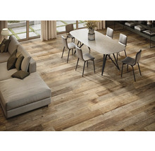 Heller Wohnraum mit Holzboden, Esstisch und Sofa