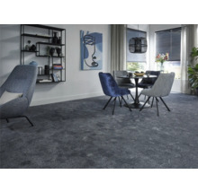 Modernes Wohnzimmer mit Teppichboden, Esstisch und Stühlen sowie Regal